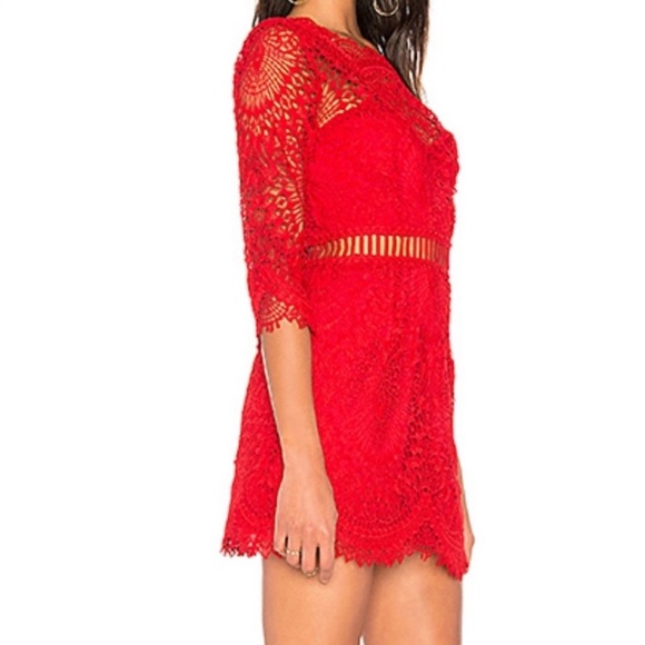 Saylor Pippa One Shoulder Dress Red XS Lace Mini Cocktail Sheer 3/4 Sleeve - Picture 16 of 16